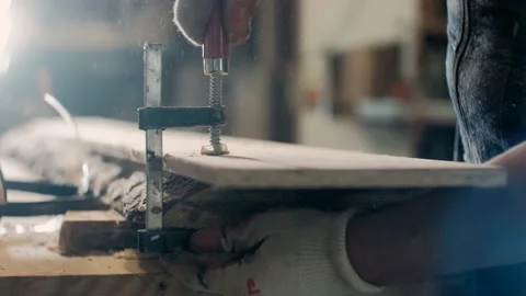  Carpenter working on wood craft at workshop. Craftsmanship, handwork concept. Stock Footage 140676704
