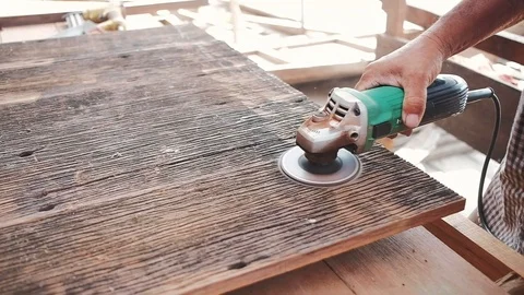 Carpenter Working with Wood in his Workshop, Polishing Ols Plank Wood. Closeu Stock Footage 103805025