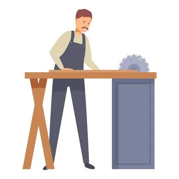 Carpenter working wood using circular saw standing at table in workshop Stock Illustration