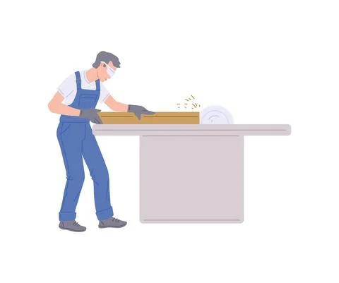 Carpenter is working in workshop on wood processing machine a vector Stock Illustration