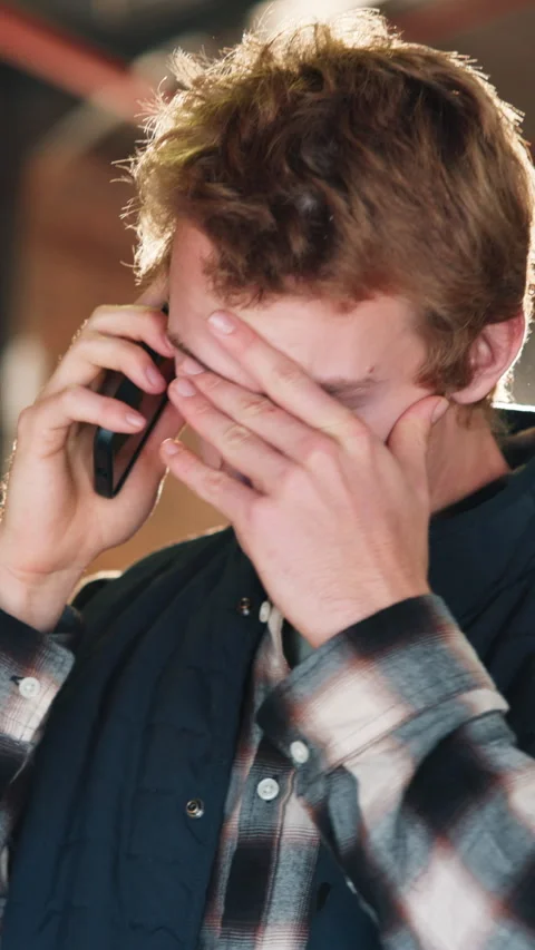 Carpenter, workshop and man with phone call, stress and worry for mistake Stock Footage 343816539