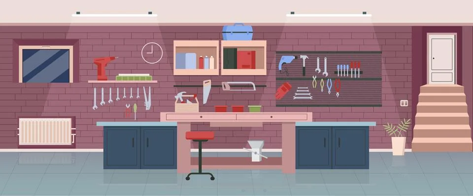 Carpenter workshop flat color vector illustration Illustrazione stock