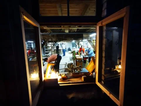 Carpenter workshop window. Stock Photos