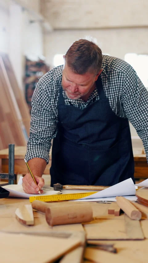 Carpenter, writing and notes with man in workshop for manufacturing or Stock Footage 340382902