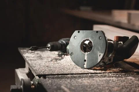 Carpenter's hand tool on the table on the background of wood shavings Stock Photos