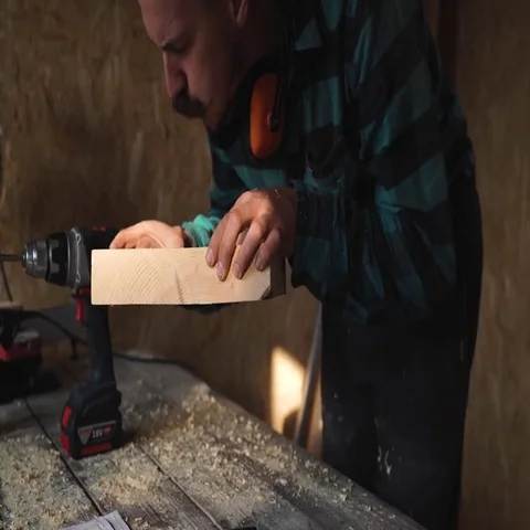 Of carpenter's hands using drill on wooden plank Stock Footage 69538452