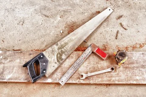 Carpenter's tools on a workbench Stock Photos