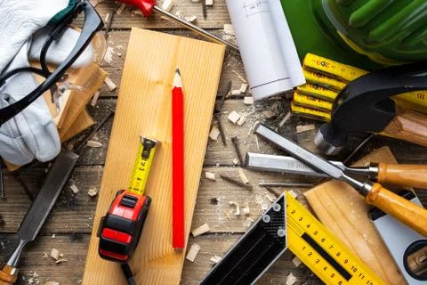 Carpenter's work tools. Carpentry. Stock Photos