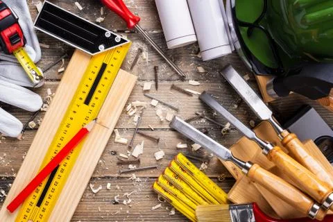 Carpenter's work tools. Carpentry. Stock Photos