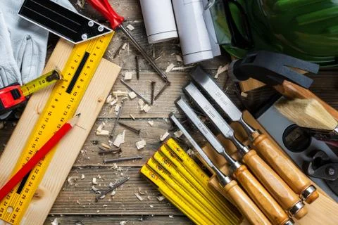 Carpenter's work tools. Carpentry. Stock Photos