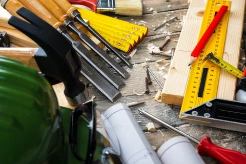 Carpenter's work tools. Carpentry. Stock Photos