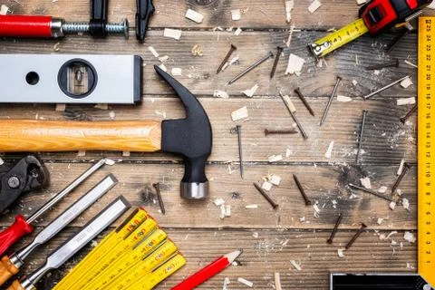Carpenter's work tools. Carpentry. Stock Photos