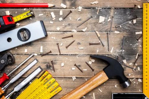 Carpenter's work tools. Carpentry. Stock Photos