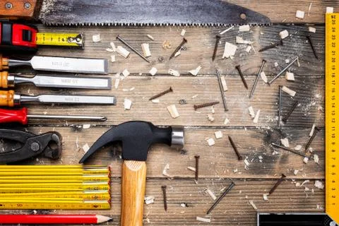 Carpenter's work tools. Carpentry. Stock Photos