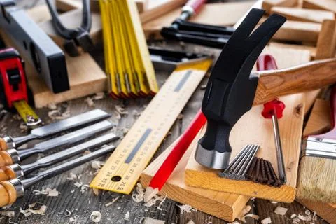 Carpenter's work tools. Carpentry. Stock Photos