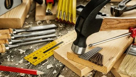 Carpenter's work tools. Carpentry. Stock Photos