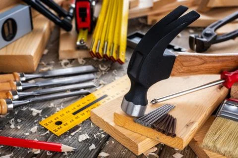 Carpenter's work tools. Carpentry. Stock Photos