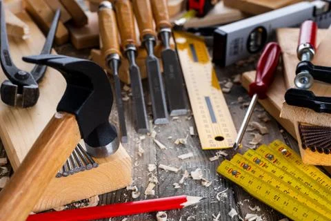Carpenter's work tools. Carpentry. Stock Photos