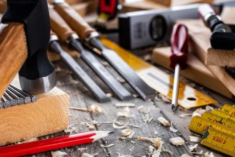 Carpenter's work tools. Carpentry. Stock Photos