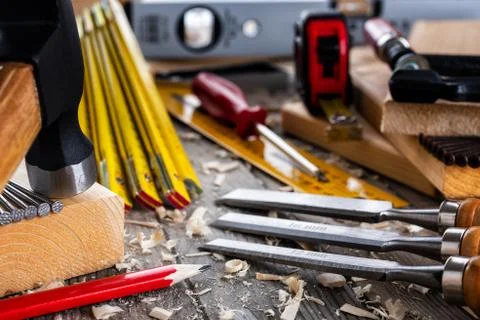 Carpenter's work tools. Carpentry. Stock Photos