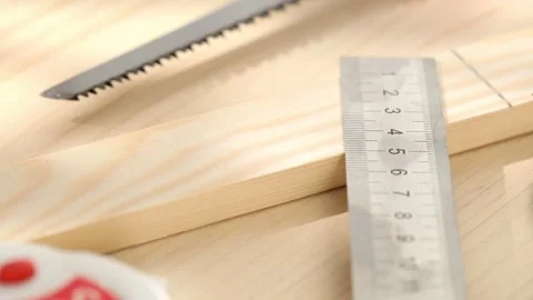 Carpenter's workplace. woodworking tools on the table. dolly shot. close-up. Stock Footage 245819999
