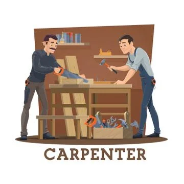 Carpenters at workshop with carpentry tools Stock Illustration