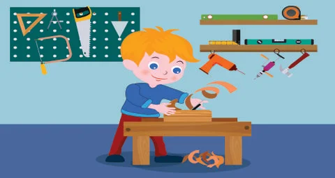 Carpentry background playful kid tools icon colorful cartoon Stock Illustration
