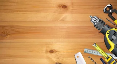 Carpentry, background. Tools of joinery craft or wood processing, composition Stock Illustration