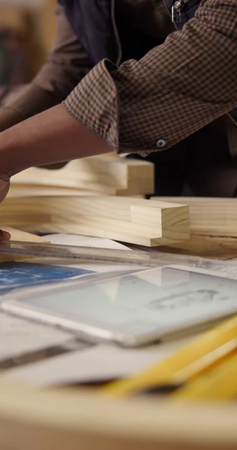 Carpentry, blueprint and hands with ruler, sketching document and draft of Stock Footage 340958736