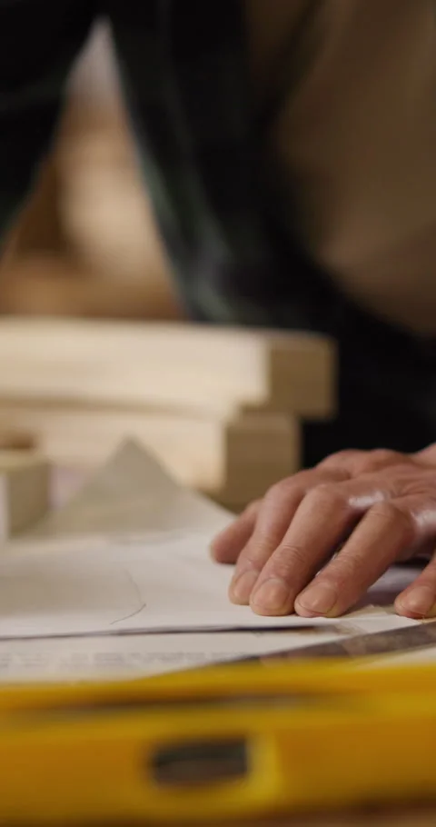 Carpentry, blueprint and hands with sketching, project document and draft of Stock Footage 340958105