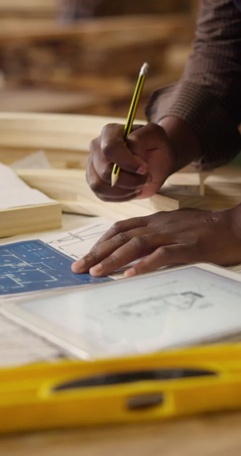 Carpentry, blueprint or hands with tablet screen, sketching document or draft of Stock Footage 340958698