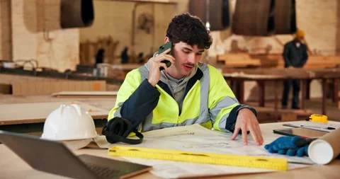 Carpentry, blueprint or man with phone call in warehouse for custom project, Stock Footage 337986677