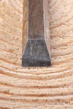 Carpentry chisel arranged on a piece of raw wood. Tools and accessories in a  Foto stock