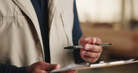 Carpentry, clipboard and hands of man with pen for inventory, planning and Stock Footage 341305588