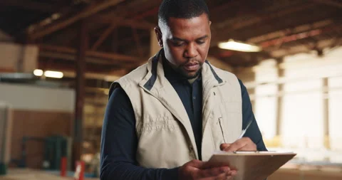 Carpentry, clipboard and man in workshop writing for inventory, planning and Stock Footage 341306296