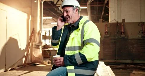 Carpentry, construction and man with coffee for phone call, production update Stock Photos