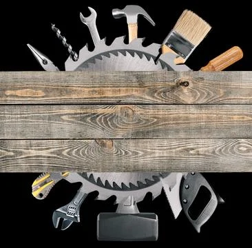 Carpentry, construction collage. Tools underneath wooden planks. Stock Photos