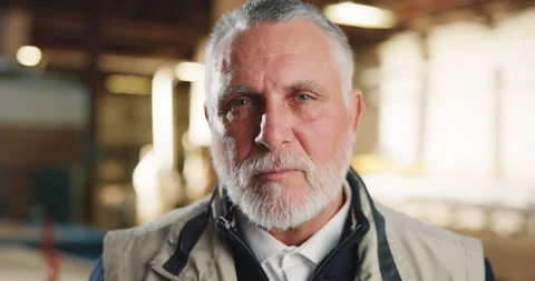 Carpentry, face and mature man for timber business, furniture production and Stock Footage 341304377