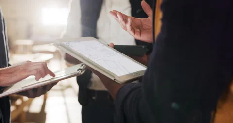 Carpentry, hands and tablet screen with people in factory for management of Stock Footage 340609649