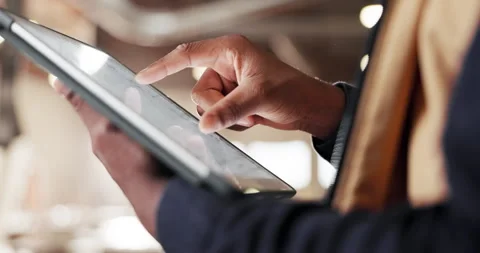 Carpentry, hands and tablet screen with man in factory for management of lumber Stock Footage 340609966
