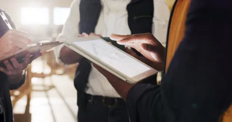 Carpentry, hands and tablet screen with people in warehouse for management of Stock Footage 340611043