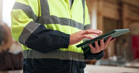 Carpentry, hands and tablet in warehouse for planning, quality assurance or Stock Photos