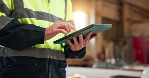 Carpentry, hands and tablet in workshop for planning, quality assurance or stock Stock Photos