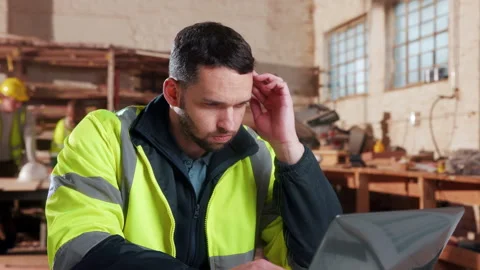 Carpentry, headache and man in warehouse with laptop, brain fog and blueprint Stock Footage 338047251