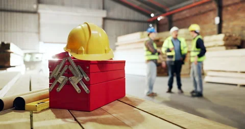 Carpentry, helmet and toolbox in warehouse with people talking for manufacturing Stock Footage 340001782