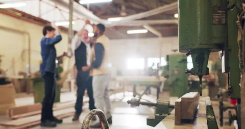 Carpentry, high five and people in workshop for huddle, furniture and Stock Footage 340621024