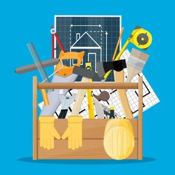 Carpentry instruments in wooden toolbox Ilustración de archivo