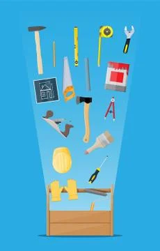 Carpentry instruments in wooden toolbox Ilustración de archivo