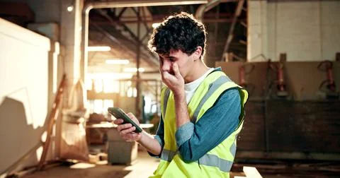 Carpentry, issue and man in warehouse with phone, low stock and late order in Stock Photos