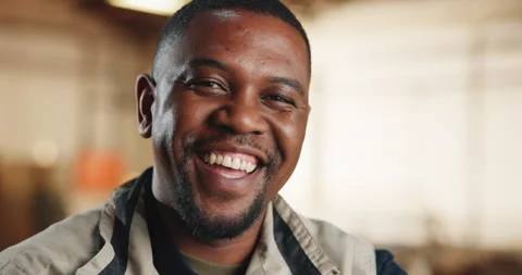 Carpentry, laugh and face of black man in workshop for woodworking Stock Footage 341306352